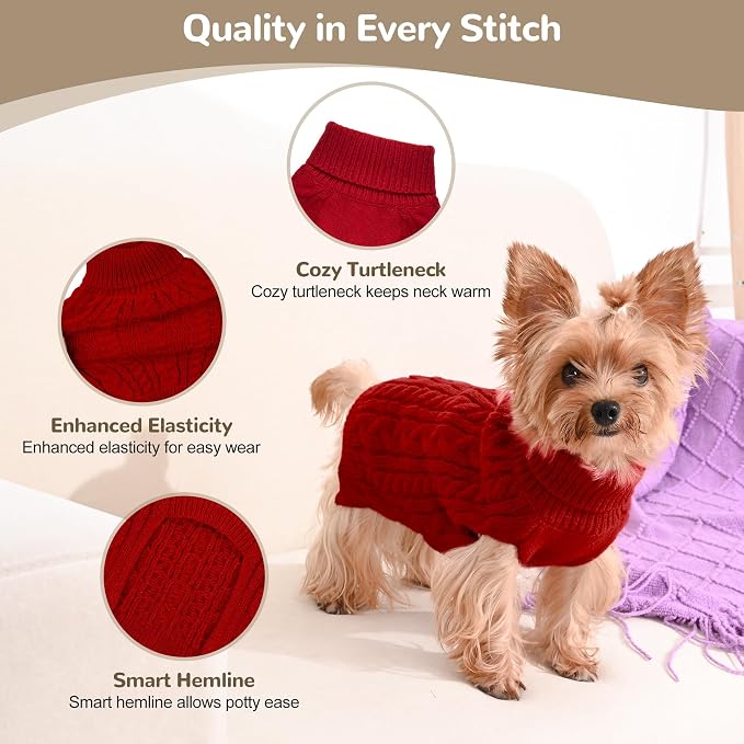 Dog Sweater 2 Pack for Small Dogs, Size S, Red & Brown | Stretchy cable knit turtleneck, machine washable, high belly cut, comfy winter fit for Chihuahua, Maltese