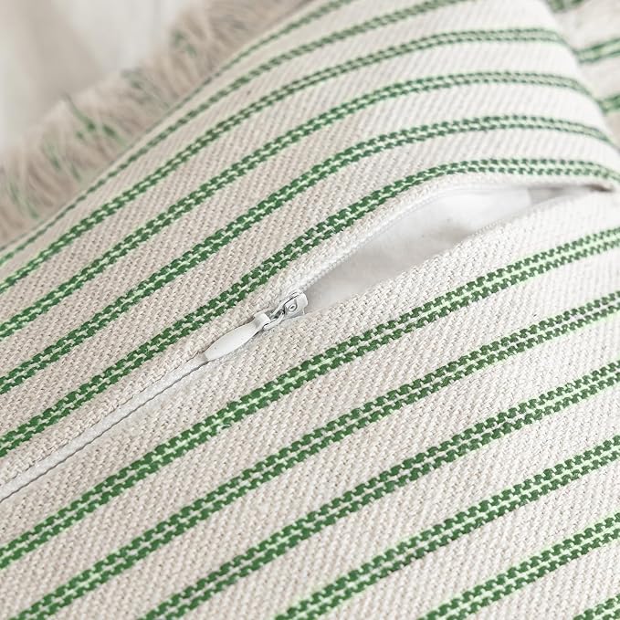 YEENAASY Throw Pillow Covers 18x18 Boho Striped Pillow Cases with Tassel | Set of 2 Fringe Pillow Cover Farmhouse Cushion Covers Neutral Pillows Decorative Square Pillowcase for Couch Sofa Bed, Green