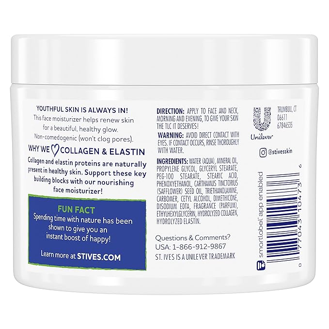St. Ives Face Moisturizer Cream, Collagen and Elastin, Renewing Facial Moisturizer for Women, Paraben Free, Dermatologist Tested Daily Moisturizing for Dry Skin Cruelty Free, 10 oz (Pack of 2)