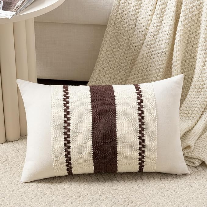 Fancy Homi Set of 1 Boho Brown Long Lumbar Decorative Throw Pillow Cover 16x24 Inch for Couch Bed Sofa Chair, Modern Organic Farmhouse Home Decor, Soft Cotton Cute Accent Rectangle Cushion Case