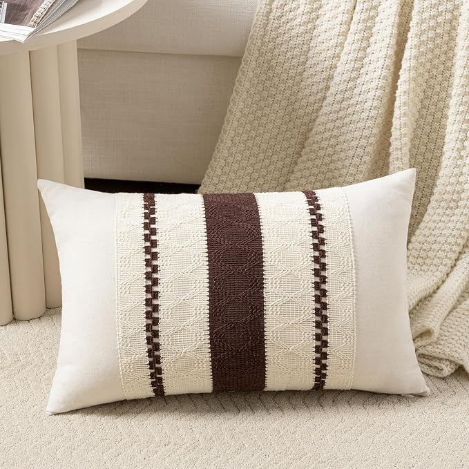 Fancy Homi Set of 1 Boho Brown Long Lumbar Decorative Throw Pillow Cover 14x24 Inch for Couch Bed Sofa Chair, Modern Organic Farmhouse Home Decor, Soft Cotton Cute Accent Rectangle Cushion Case