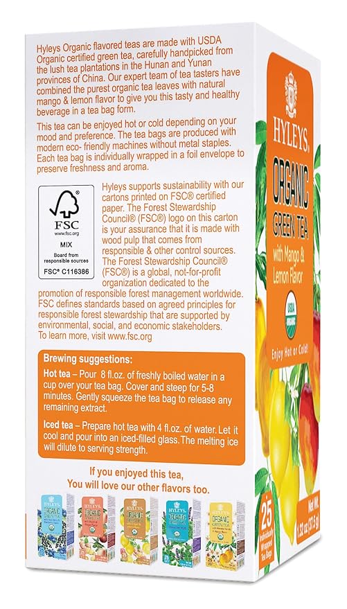 Hyleys Organic Green Tea Mango and Lemon Flavor - 25 Tea Bags (Pack of 2)