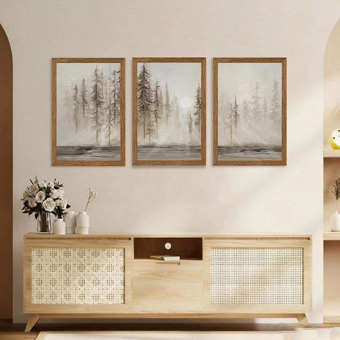 Urmoya 3 Pieces Scandinavian Pine Tree Neutral Forest Wall Art 16x24 in | Wood framed canvas, Forest scene, Nordic modern style, Ready to hang, for living room, hallway, office, or bedroom decor