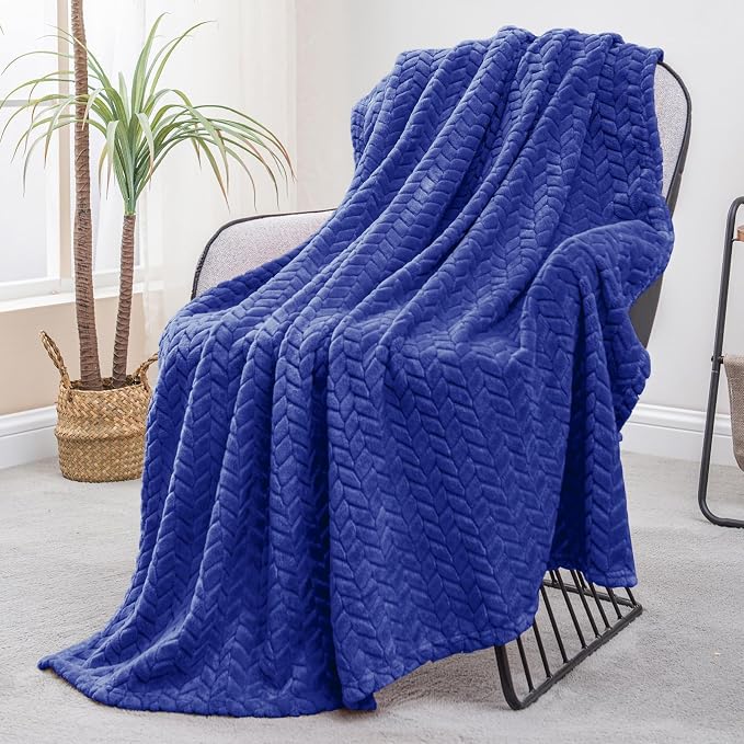 Exclusivo Mezcla Fleece Throw Blanket for Couch Sofa, 50”x70”, Cobalt Blue | Oversized Soft Cozy Fluffy Blankets for Summer, Decorative Plush Flannel Throws for Living room, Bedroom with Leaves Pattern