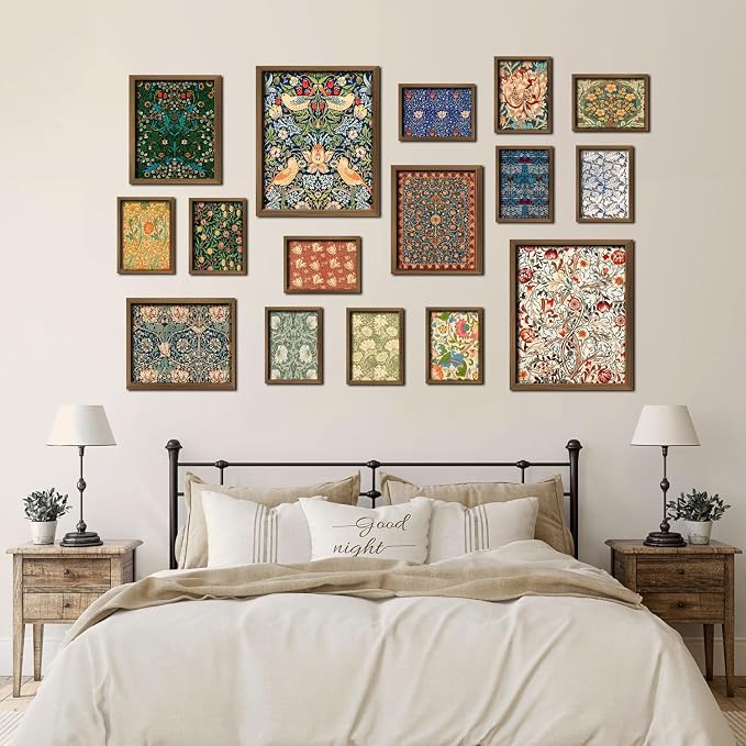 ANERZA 16 PCS Framed William Morris Wall Art Decor, Floral Wall Prints for Bedroom, Gallery Wall Frame Set, Vintage Posters for Living Room Aesthetic, Botanical Collage Kit, Dorm Home Artwork
