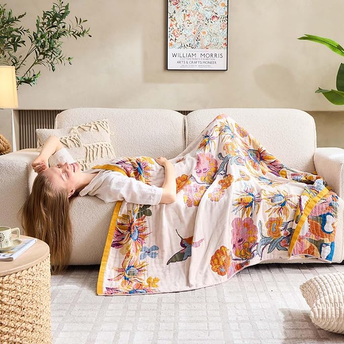 XIBLC Boho Throw Blanket, 100% Cotton Ultra Soft Luxury Throw Rustic Quilt, 90"x98" Floral Bird Butterfly Farmhouse Decor Bed Blankets, All Season Rustic Reversible Bohemian Throw for Bed - Yellow