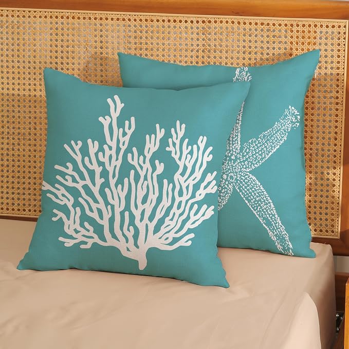 Coastal Pillow Covers 16x16 Set of 2 Aqua Teal Turquoise Coral Starfish Throw Pillows Nautical Ocean Decorations Summer Linen Beach Pillowcase Outdoor Decor Farmhouse Cushion Case for Couch