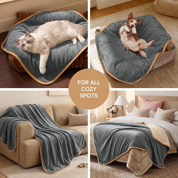 Luciphia Waterproof Pet Blanket, Washable Reversible Sherpa Fleece Throw | Liquid-proof furniture protector for bed and couch, soft reversible sherpa fleece for dogs, cats grey, S