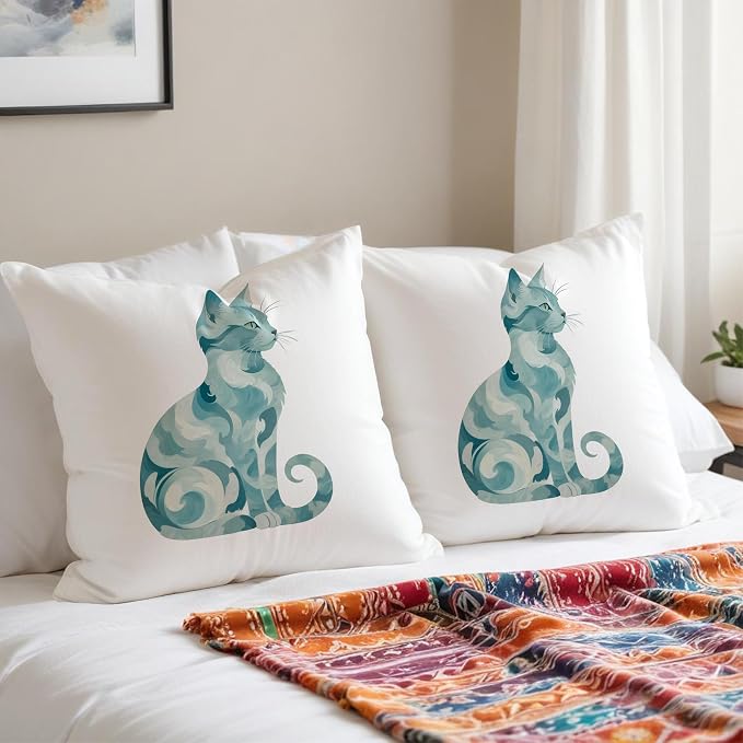 Abstract Blue Sea Cat Pillow Covers 18x18, Gifts for Cat Lovers Mom Lady Owners, Elegant Kitten Kitty Decorative Pillow Covers for Home Bedroom Living Room Decor, Pet Lover Gifts
