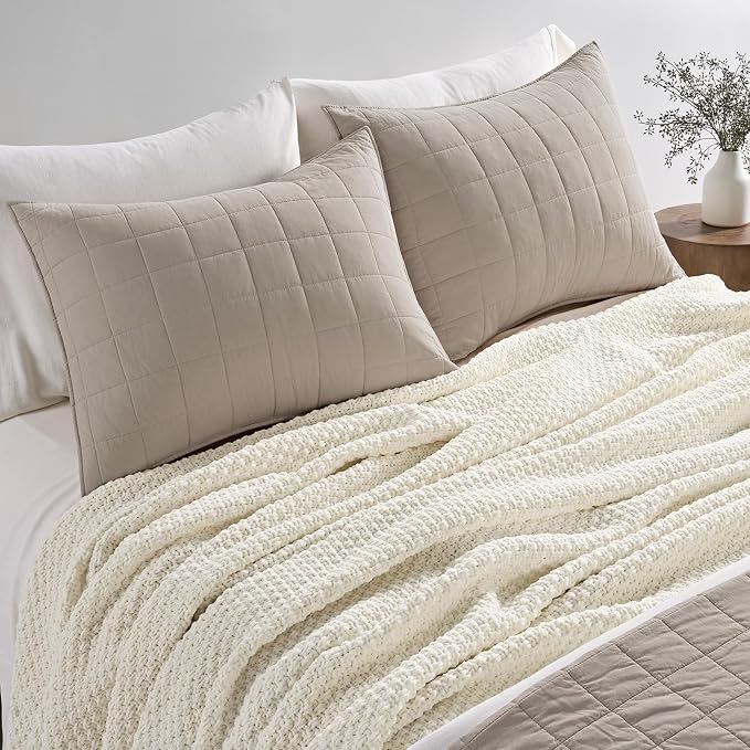 EVERGRACEHOME Chunky Chenille Knit Throw Blanket, 90 x 90, Ivory White | Sculpted Moss Stitch, Chic Modern Farmhouse, All-Season Warmth, OEKO-TEX® Certified, Oversized Queen for Couch, Bed, Sofa
