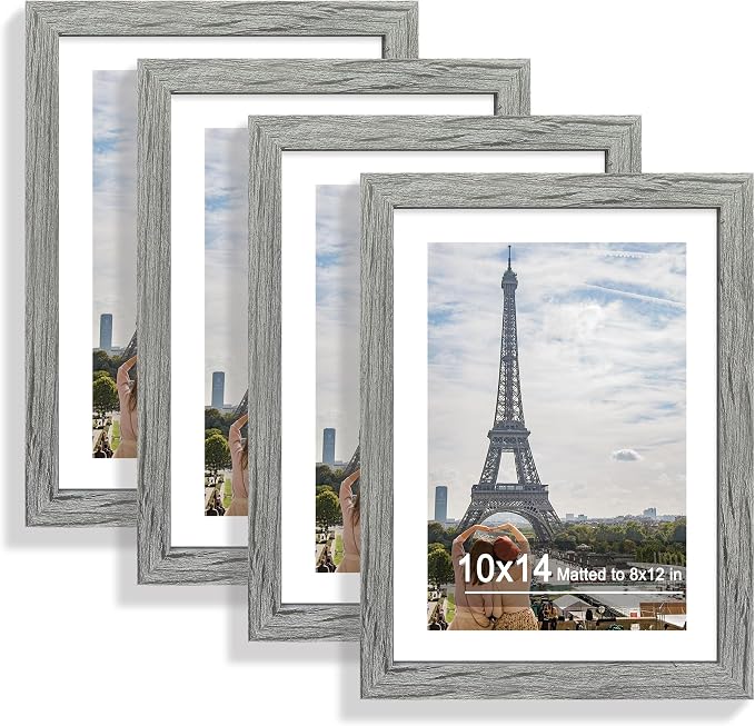 Hongkee 10x14 Picture Frame Set of 4, Made of Glass and Grey Wooden Frame, Display 8x12 Pictures with Mat or 30 x 40cm Diamond Painting Art without Mat for Wall Mounting, Gallery Photo Frames