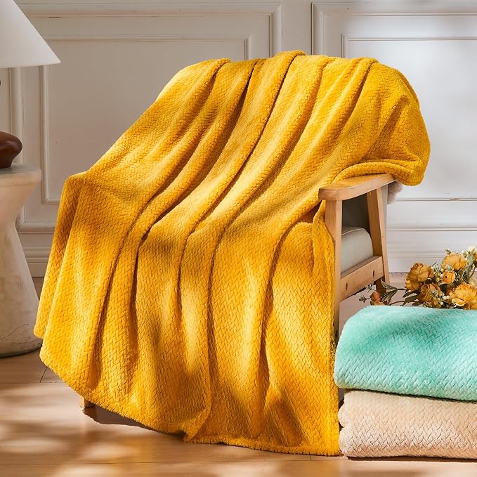 NEWCOSPLAY Fleece Leaves Pattern Throw Blanket, Mustard Yellow, 50"x60" | Super Soft Throw Blanket, Lightweight Cozy Bed Sofa Blanket, Premium Silky Flannel Fleece, Travel Blanket for All Season Use