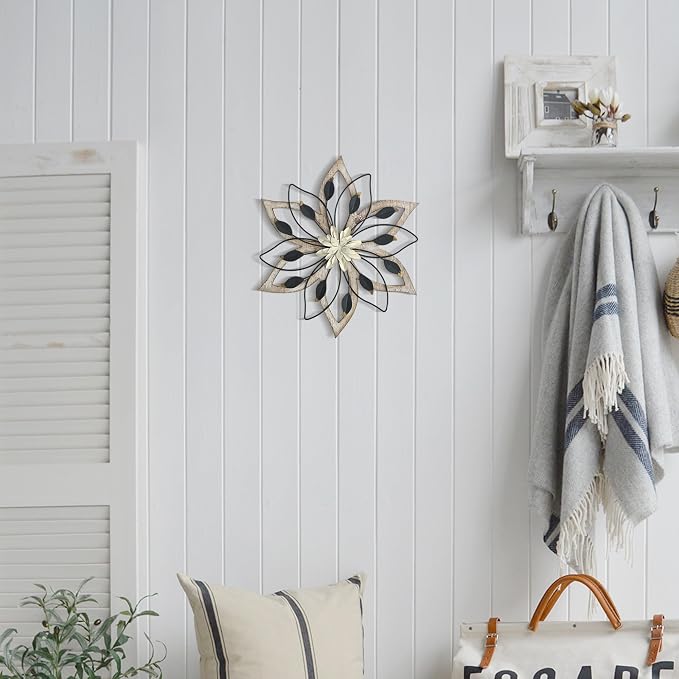 Remenna Whitewash Flowers Wood Wall Decor, Metal Rustic Wall Art Farmhouse Wall Decorations Multiple Floral Hanging Decor for Bathroom Living Room Home Office Garden Kitchen