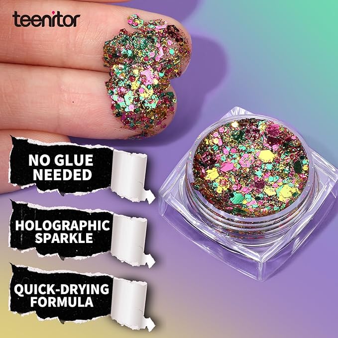 Teenitor Body Glitter Face Glitter for Halloween Makeup, Gold Purple Green Mixed Festival Glitter, Hair Glitter Gel for Halloween Rave Festival, Mardi Gras Glitter for Women Kids