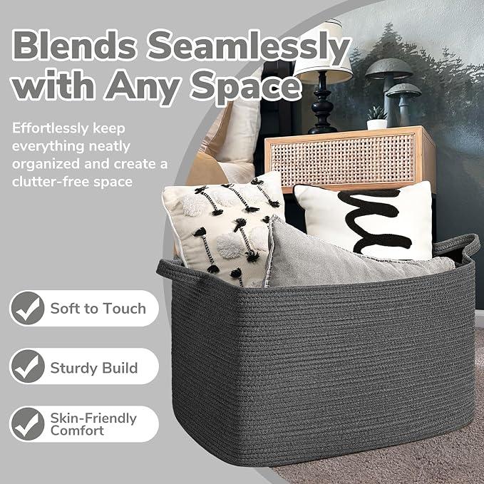 Goodpick 85L Large Woven Rope Blanket Basket, Rectangle, Dark Gray | 23.6'' x 15.7'' x 13.8'' Storage Basket for Blankets, Clothes, Toys & Pillows, Living Room, Bedroom & Nursery Organization