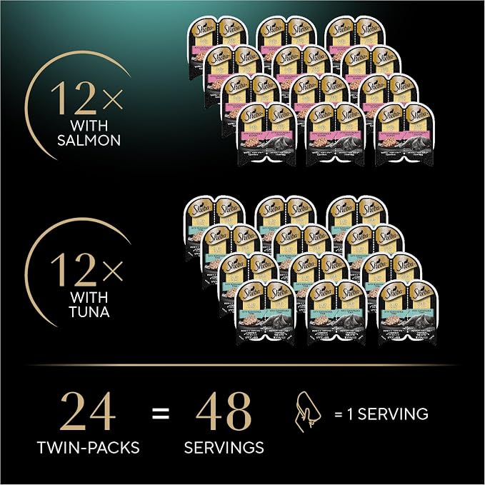 Sheba Perfect Portions Cuts Wet Cat Food, Salmon & Tuna, 2.6 oz, 12 ct, 2pk | Grain-free, Real salmon & tuna cuts in gravy, snap-peel-serve twin-pack trays, no fillers/artificial flavors, no corn or soy