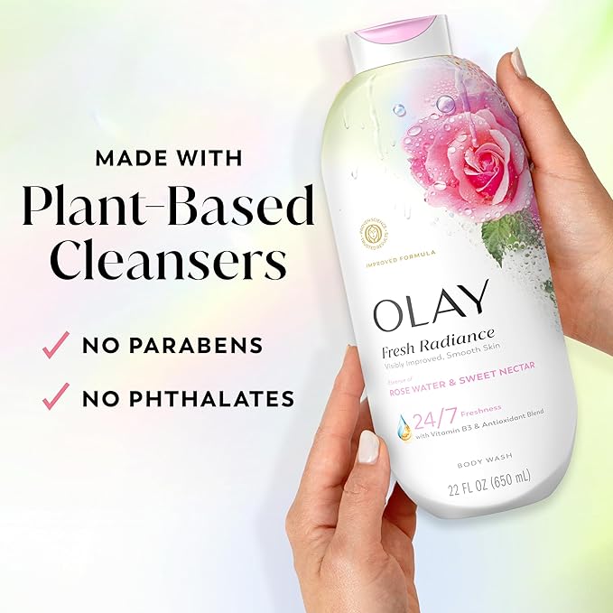 Olay Body Wash for Women, Fresh Radiance, 24/7 Skin-Loving Freshness, Visibly Radiant, Plant Based Cleansers, Vitamin B3 & Antioxidant Blend, All Skin Types, Rose Water & Sweet Nectar Scent, 22 fl oz
