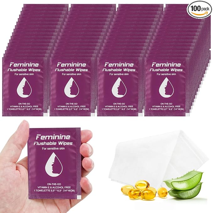 twoworld 100 Feminine Wipes Flushable Travel Individually Wrapped | Travel Wipes for Women,Feminine Care Wet Wipes Travel Size Vaginal Wipes for Adult,Girl and Homeless(Unscent)