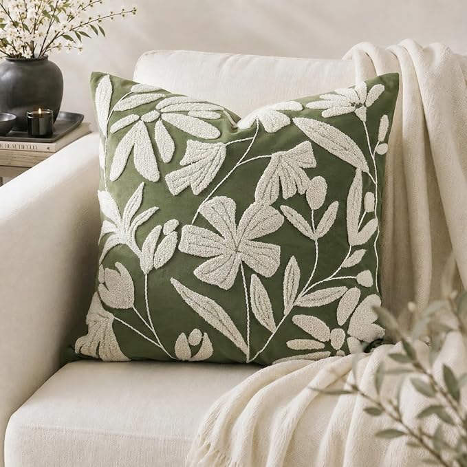 Decorative Throw Pillow Cover 20x20 Inch, Olive Green Floral Tufted Velvet Accent Pillow Case for Sofa Bed Living Room, Cover Only