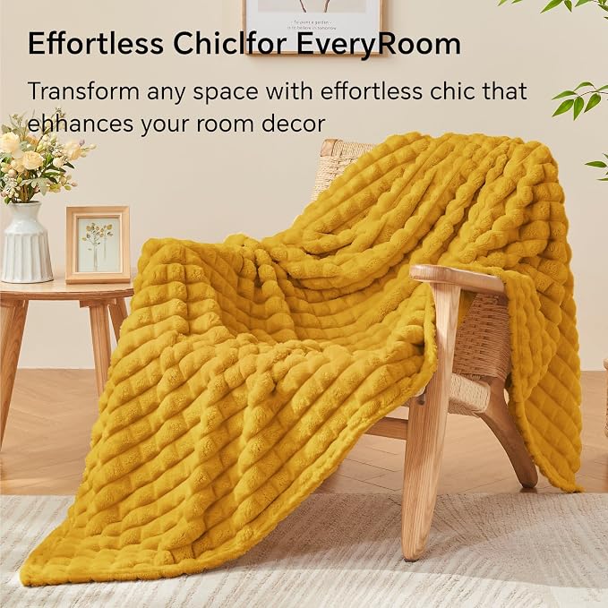 BEDELITE Mustard Yellow Checked Fleece Throw Blanket for Couch, 50x70 Inch | Soft Warm Fuzzy Fluffy Blanket for Bed Sofa, Lightweight Plush Cozy Blankets for Home Room Decor, Gift for Women, All Season