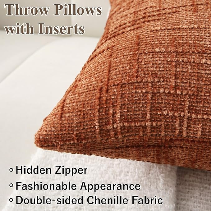 18" x 18" Decorative Throw Pillow with Inserts, Set of 2 Soft Modern Farmhouse Throw Pillows, Square Boho Pillow for Couch, Bed, Sofa Decor (Brick-red, 18" x 18"(Pack of 2))
