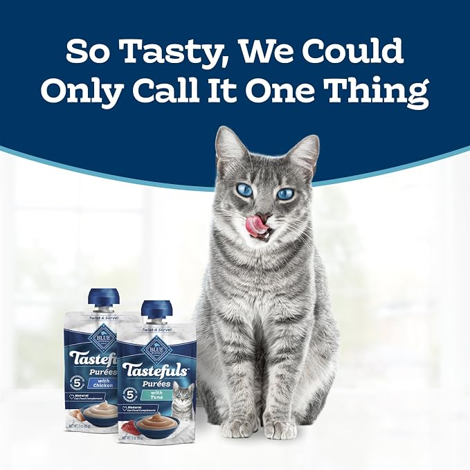 Blue Buffalo Tastefuls Purees Variety Pack Cat Food Topper, 3 oz, 12 ct | Chicken & Tuna Purées (6 of Each), Resealable Twist Cap, Cat Food Complement