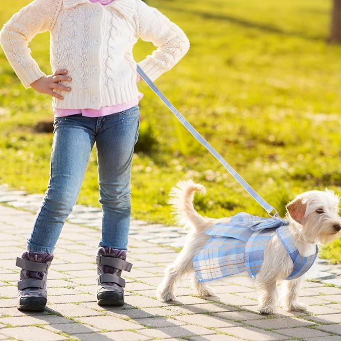 Potchen 4 Pcs Plaid Dog Dresses with Bow Harness and Leashes,S,Light Color
