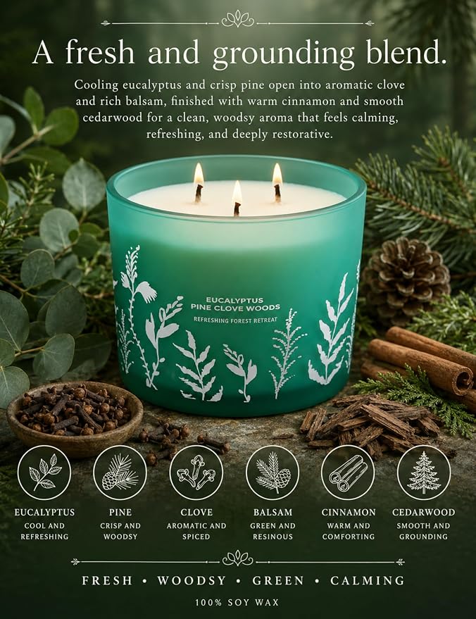 Eucalyptus Pine Clove Woods Scented Candle - Large 3-Wick Aromatherapy Soy Candle for Home, 14.5oz - Pine Balsam Forest Stress Relief Candle - Birthday Gift for Women & Men