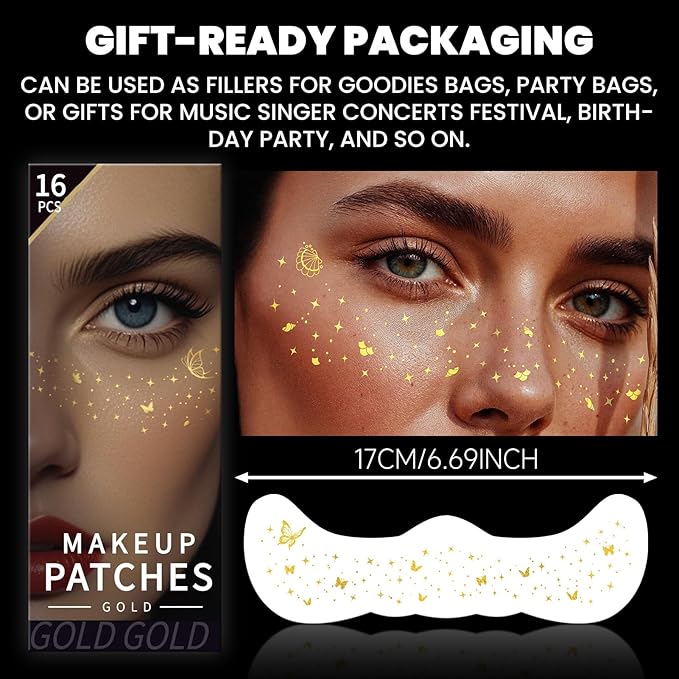 Cerlaza Glitter Freckles Face Tattoo, 16 Pcs Gold Speckles Makeup Patches, Waterproof Body Face Glitter for Women Girls, Country Concerts Singer Festival Rave Accessories