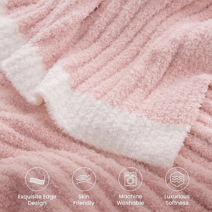 Snuggle Sac Pink Ribbed Queen Size Blanket for Bed, Soft Luxurious Bedding Blankets, Large Fuzzy Plush Microfiber Blankets Pink, 90x90 inches