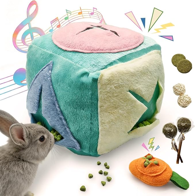 Rabbit Foraging Toy with Bell,Puzzle Feed Game Guinea Pig Fun Enrichment Toys Boredom Relief,Washable Snuffle Interactive Treat Ball Dispenser Exercise Bunny Toys for Indoor Bunnies(Blue)