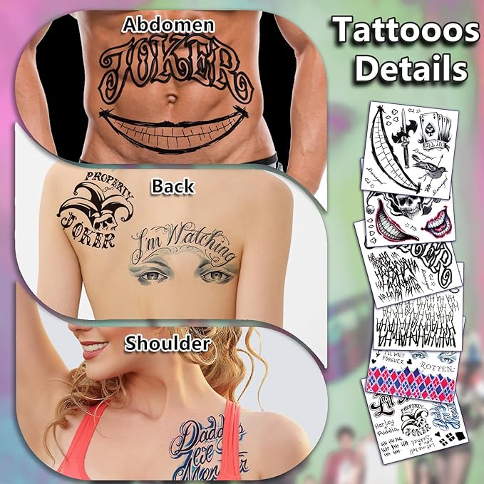 Joker Tattoos Temporary Halloween - 16 Sheets Temporary Tattoos for Men Fake Tattoo Stickers Joker and HQ Couples Costumes Masquerade Cosplay Party Accessories Makeup
