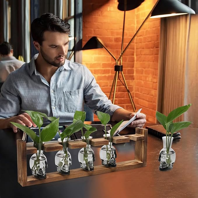 Plant Terrarium Propagation Stations Halloween Skull Planter Vase Skulls | decor With Wooden Stand Gife for Father - 5 Vases