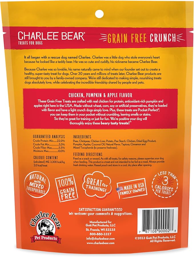 Charlee Bear Grain Free Dog Treats, Chicken, Pumpkin & Apple, 8 oz | Pocket-sized Dog Training Treats, Crunchy Dog Treats, Limited Ingredient Recipe, Under 3 Calories per Treat, Made in USA