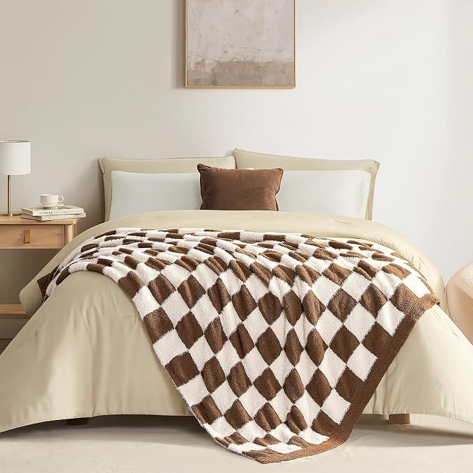 Snuggle Sac Brown Checkered Throw Blanket Faux Fur Microfiber Blankets for Couch,Cozy Soft Warm Blanket for Sofa Bedroom Living Room,Brown Checker,50x60 inches