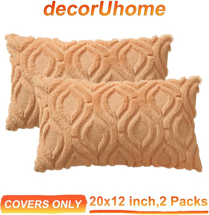 decorUhome Faux Fur Plush Light Orange Throw Pillow Covers 12x20 Set of 2 | Plush Solid Fall Couch Pillow Covers, Accent Modern Farmhouse Neutral Decorative Square Pillow Cases for Sofa Bed Living Room