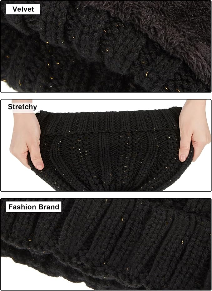 SATINIOR 5 Pcs Winter Hat Scarf Gloves Set Fleece Lined Knit Beanie Hat Warm Touch Screen Gloves Earmuff Warmer for Women(Black,Classic Style)