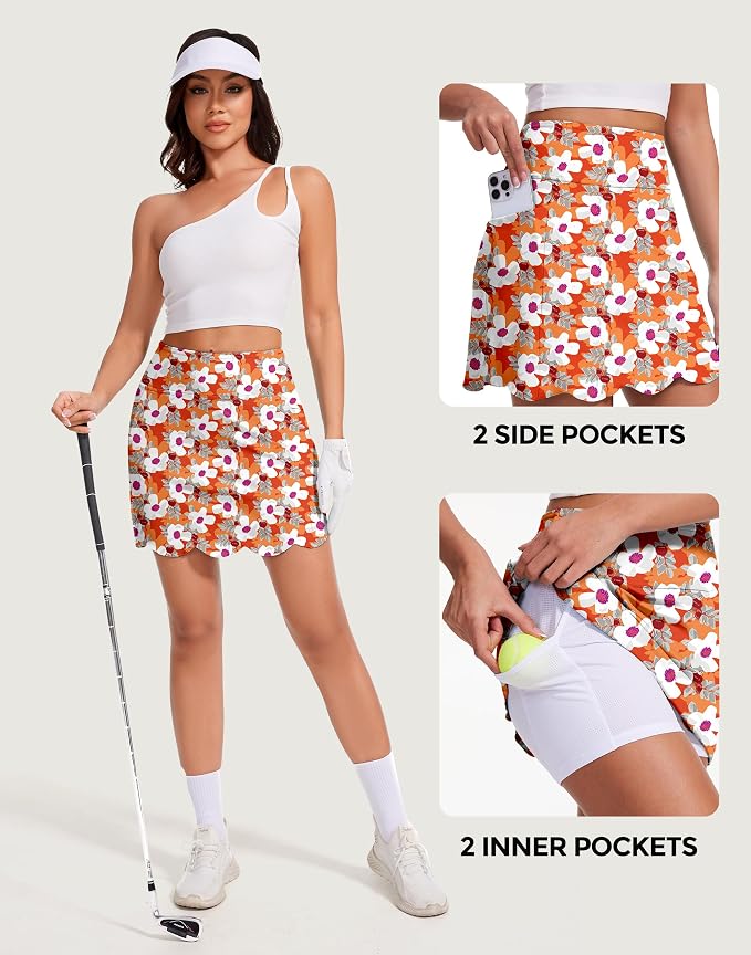 Skorts for Woman with Pockets 16" Golf Athletic Skirts Scalloped Hem Tennis Skirt Dressy Casual