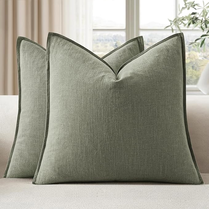 EMEMA Euro Sham Decorative Linen Throw Pillow Covers 26x26 Inch Olive Green | Boho Farmhouse Neutral Couch Throw Pillows for Bed Pack of 2 Accent Pillowcase Modern Sofa Cushion Livingroom Home Decor