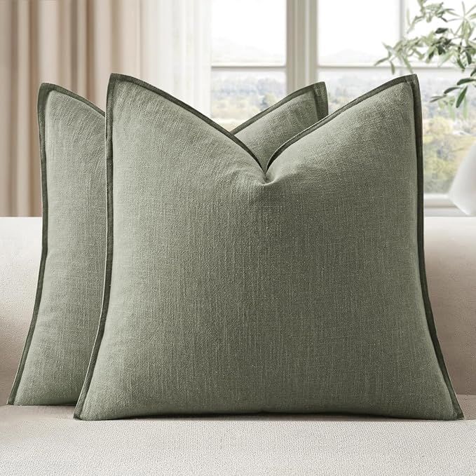 EMEMA Euro Sham Decorative Linen Throw Pillow Covers 24x24 Inch Olive Green | Boho Farmhouse Neutral Couch Throw Pillows for Bed Pack of 2 Accent Pillowcase Modern Sofa Cushion Livingroom Home Decor