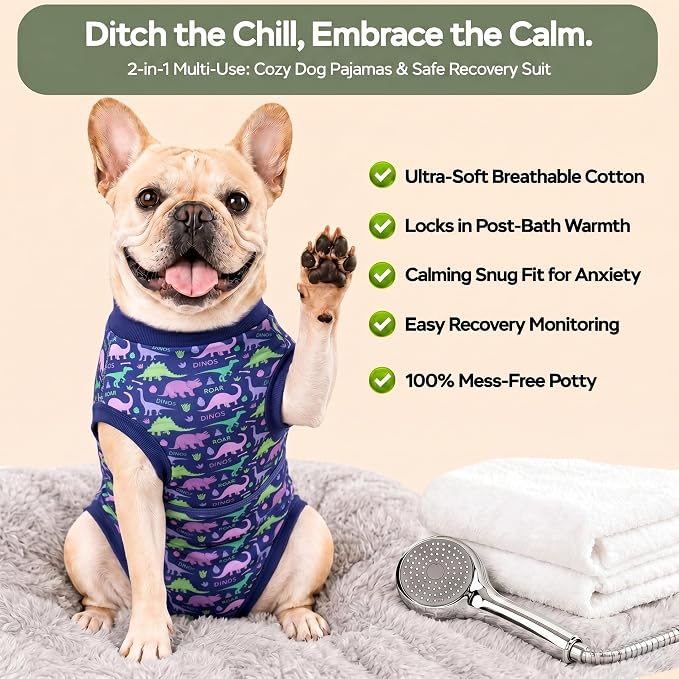 PetWarm Surgery Recovery Suit Spay, Onesies for Dogs, Dog Cone Alternative After Surgery Substitute E-Collar and Cone Prevent Dog Onesies Pet Recovery Suit, Dinosaur Pattern, Blue Purple, XS
