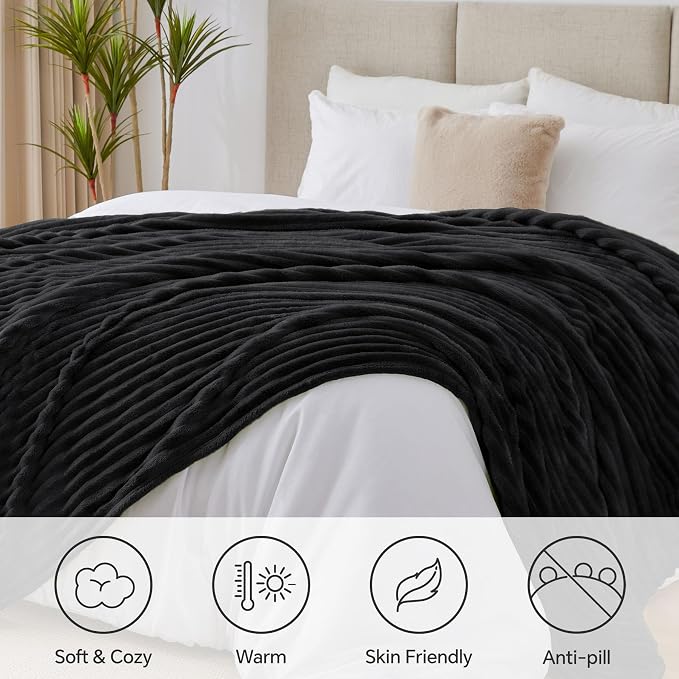 BEDELITE Ribbe Blankets Queen Size for Bed, Black, 90"x90" | Ultra-Soft Plush Fleece, Warm Yet Lightweight, Ribbed Texture, Home Decor, Machine Washable, Giftable, All-Season Use