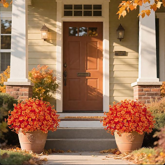 24 Pcs Artificial Fall Flowers for Outdoors, Bright Orange | Lifelike faux mums, silk flower, UV resistant, no-maintenance, for autumn Thanksgiving garden porch yard indoor outdoor decor