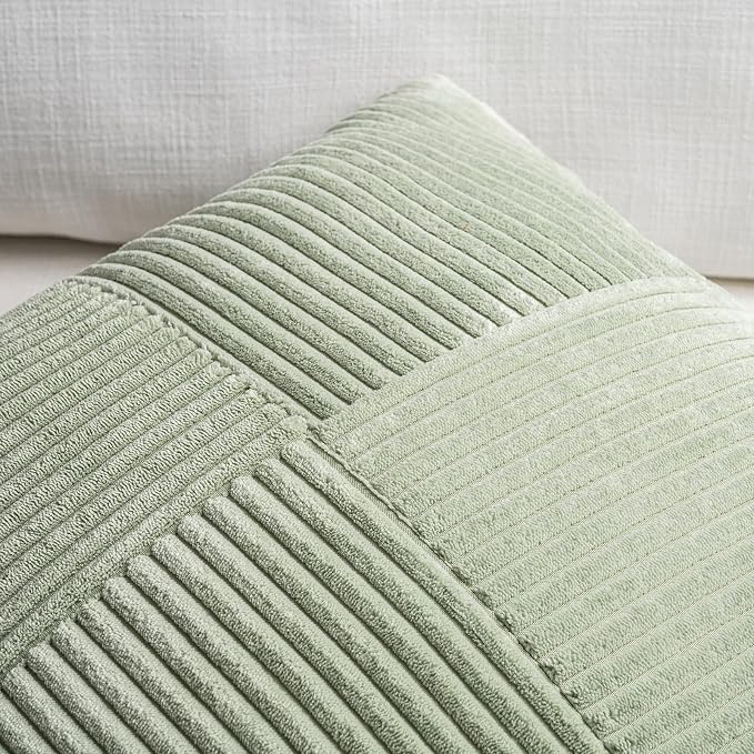 Fancy Homi Set of 1 Sage Green Boho Long Lumbar Body Decorative Throw Pillow Cover 14x36 Inch for Bed Couch Bedroom Bench, Soft Patchwork Corduroy Textured Pillow Case, Rustic Farmhouse Room Decor