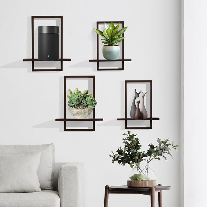 Floating Shelves for Wall,Decorative Wall Shelves,Plants Shelf Framed | Square Wall Decor,Art Sconces Artificial Vases Hanging Storage Shelf for Bathroom Living Room Modern Elegant,Wood,L+S,Walnut