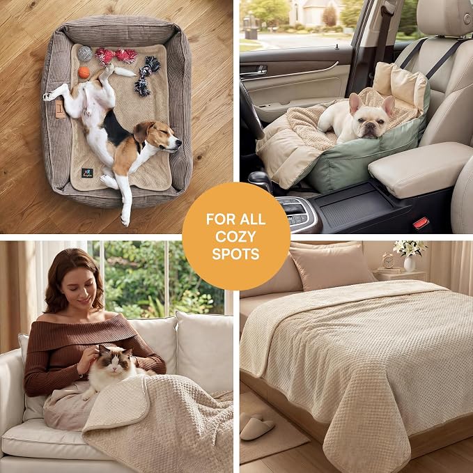 Luciphia Waterproof Blanket for Dog, Washable Reversible Fleece Pet Throw | Durable protector for bed, couch, crate, and furniture; leakproof and calming for dogs, cats, puppies Beige S(40''x28'')