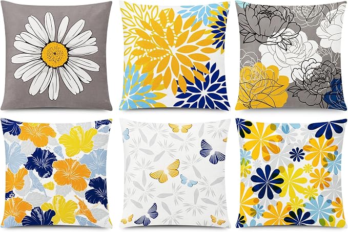 Yellow Blue Throw Pillow Covers 16x16 Set of 6, Daisy Floral Linen Decor | spring floral, wild flower bloom, decorative cushion cover, Breathable Linen, Accent pillow chair small Sofa summer Decor