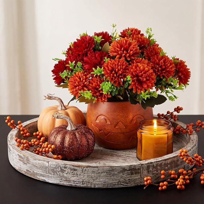SiliFine Halloween Pumpkin Bucket with Artificial Flowers Halloween Vase | 6 Inch, Pumpkin Vase Planter Pot, Halloween Floral Centerpiece, Halloween Candy Holder, Desktop, Indoor Outdoor Holiday Decor