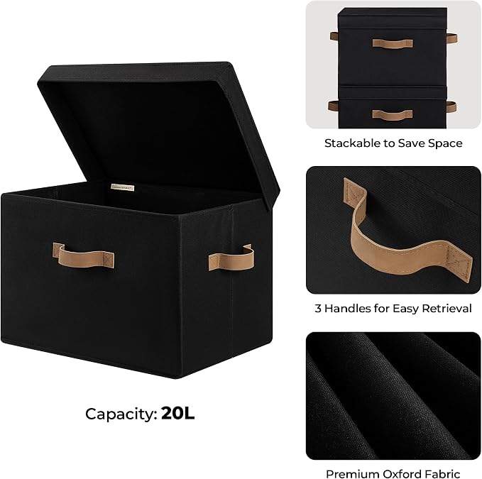 StorageWorks Fabric Storage Bins with Lids, Large Closet Storage Bins | Flip-Top Lid, 3 Handles, Collapsible, Stackable, for Clothes Blankets, Multi-Purpose, Large, Black, 2-Pack