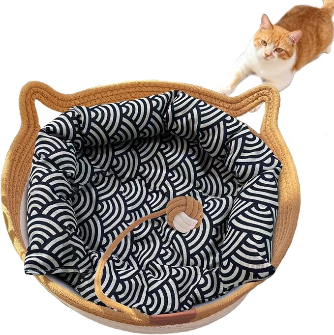 Instinct Basket, Stimuli Handwoven cat Basket Rope Cotton with Cushion, Eliminates Bed Rejection Round Pet Basket, Boho Catbed for Cats Handwoven Scratchable Breathable Weave (Small-B)